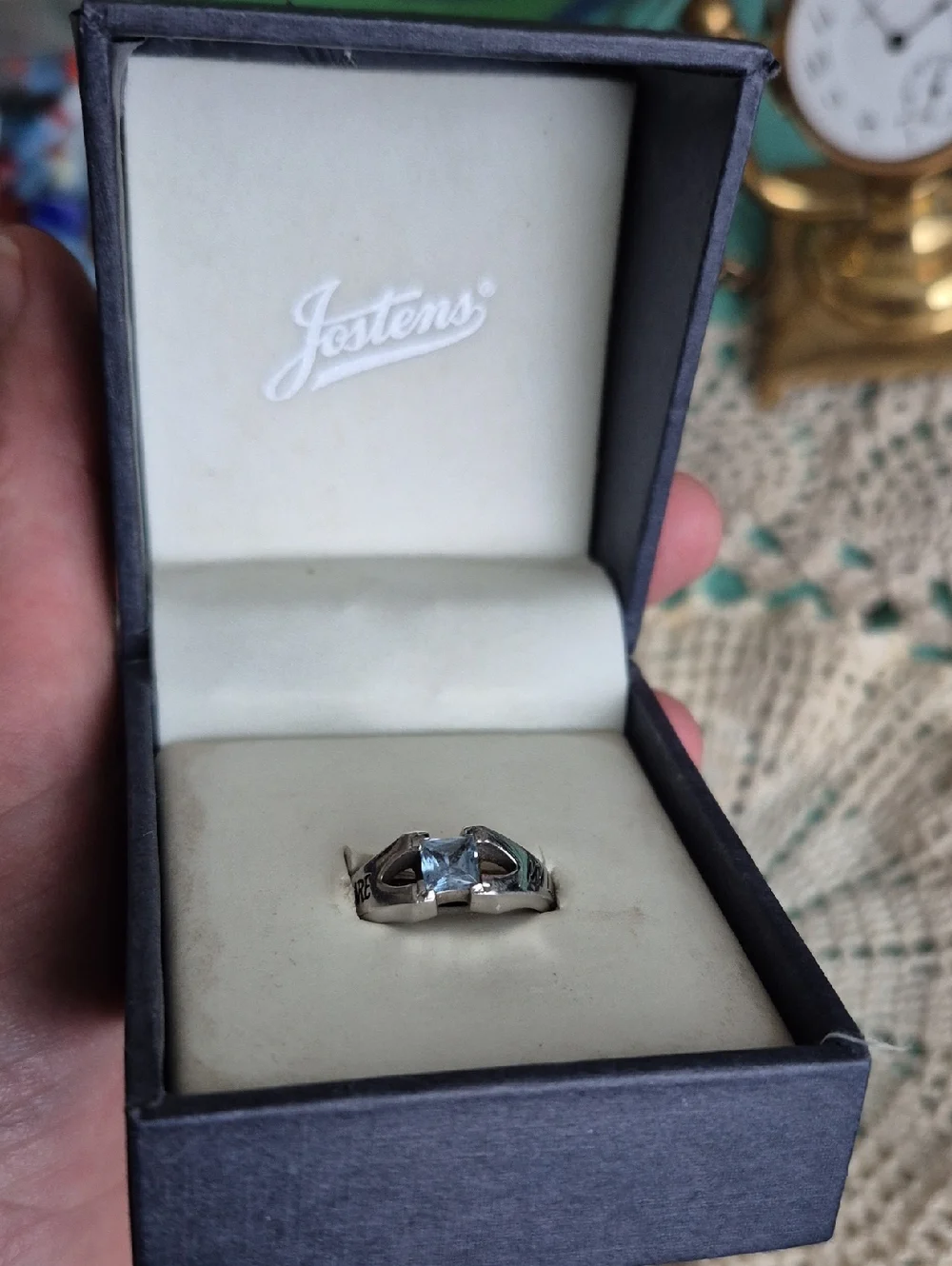 🌙Vintage Jostens Blue Aquamarine Engraved Ring In Box Religious Statement